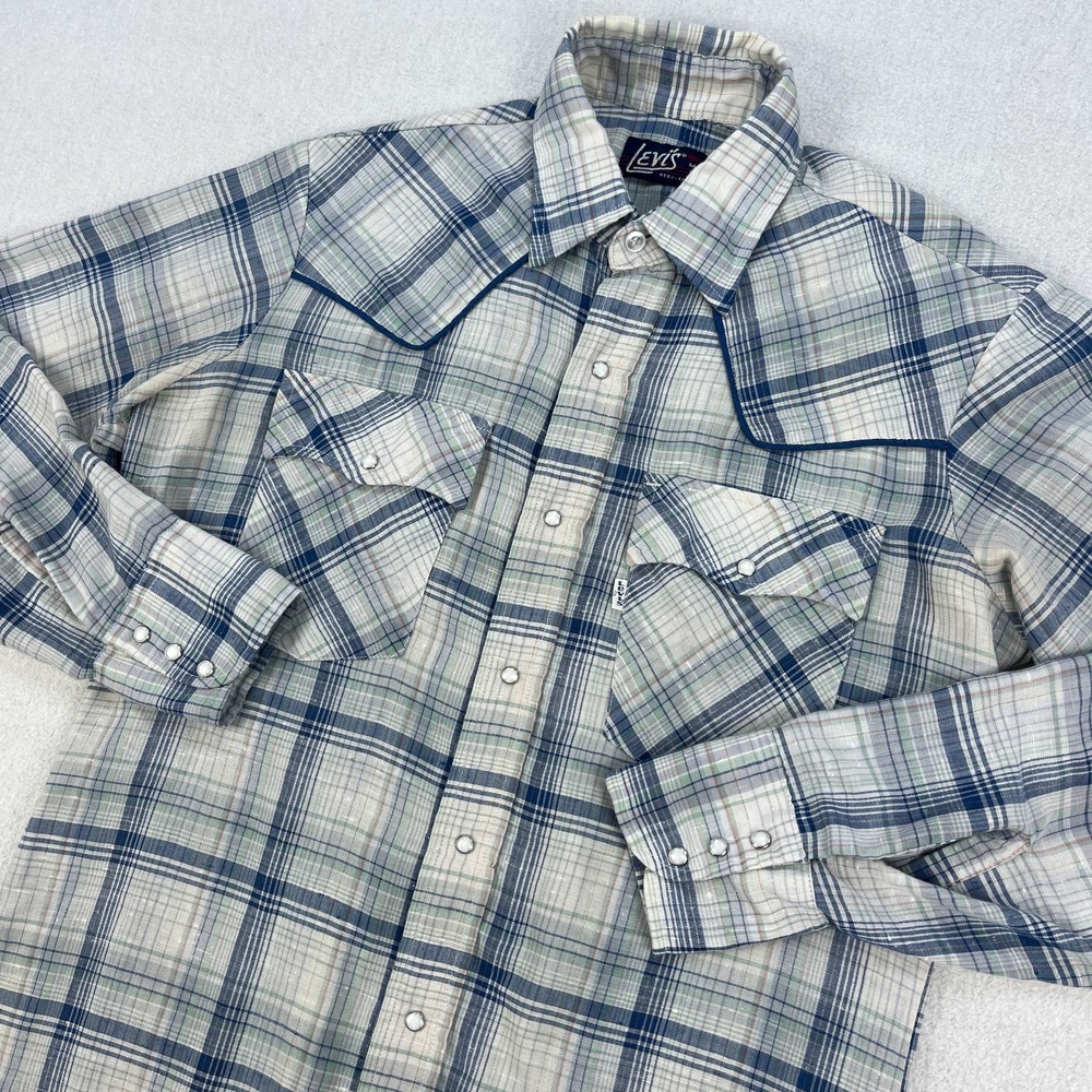 Vintage Levis Western Pearl Snap Shirt Mens M Blue Plaid Piping Yoke Cowboy 80s